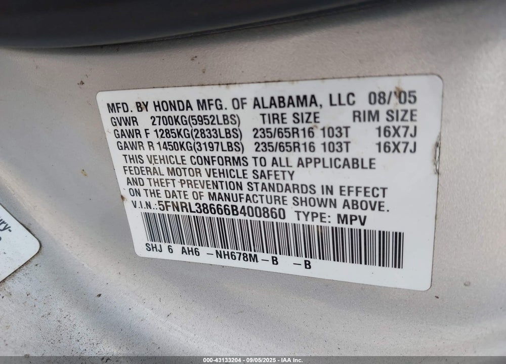 2006 HONDA ODYSSEY EX-L VIN: 5FNRL38666B400860