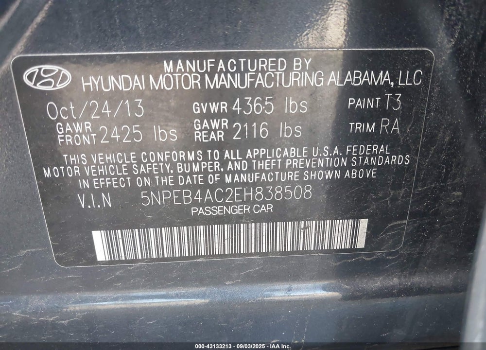 2014 HYUNDAI SONATA VIN: 5NPEB4AC2EH838508