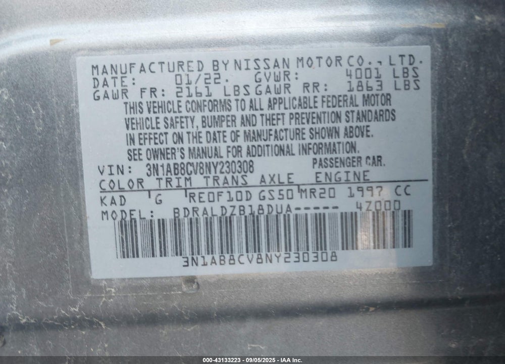 2022 NISSAN SENTRA VIN: 3N1AB8CV8NY230308