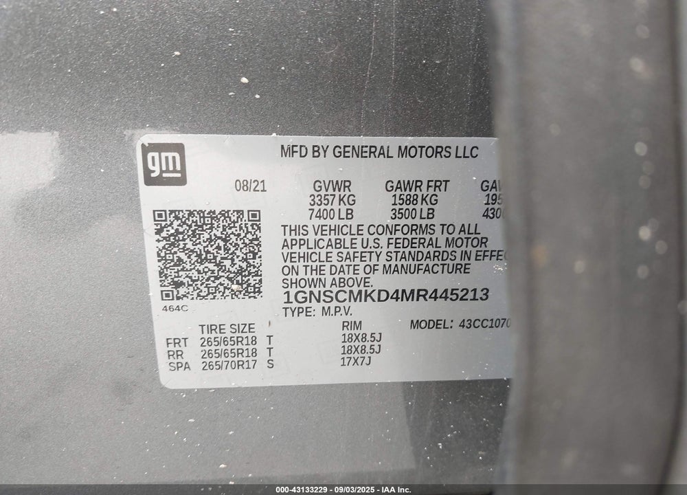 2021 CHEVROLET TAHOE VIN: 1GNSCMKD4MR445213