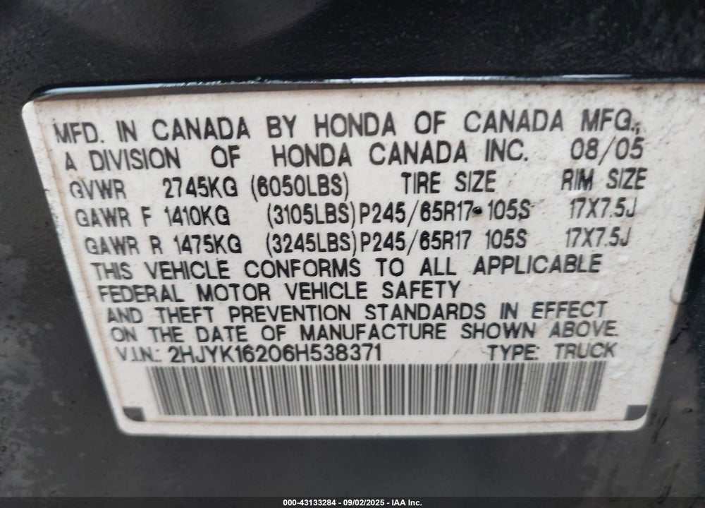 2006 HONDA RIDGELINE RT VIN: 2HJYK16206H538371