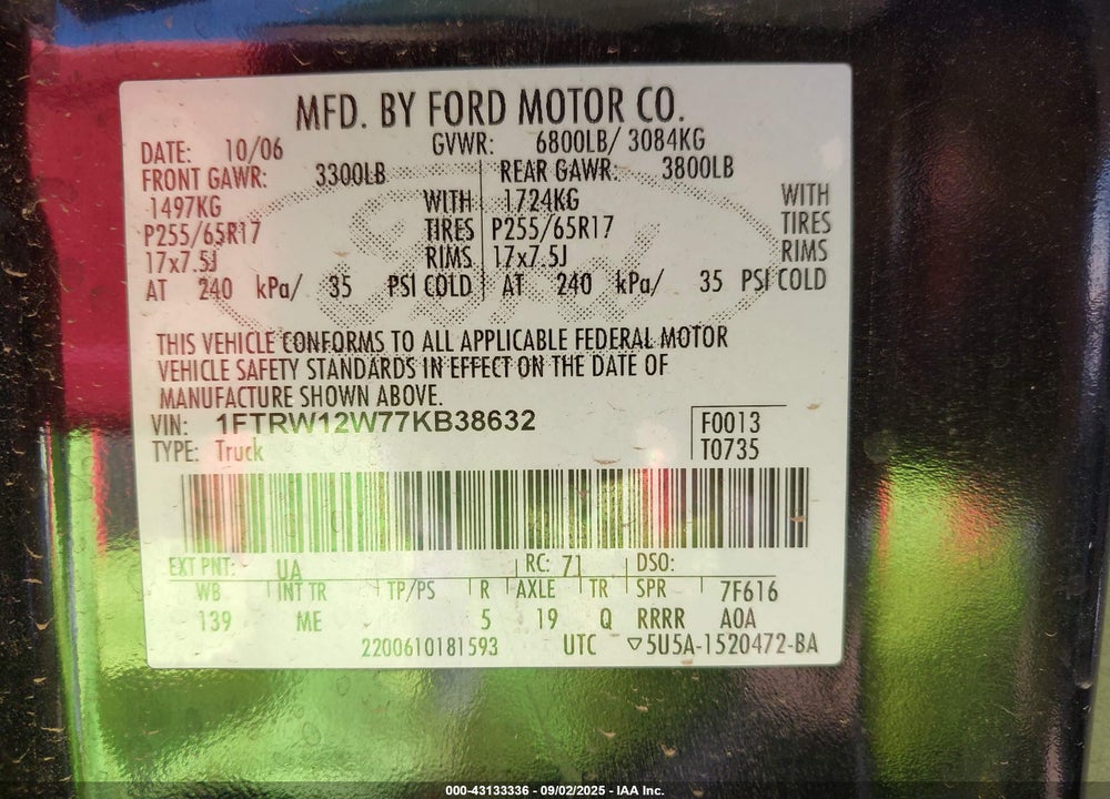 2007 FORD F-150 XLT VIN: 1FTRW12W77KB38632