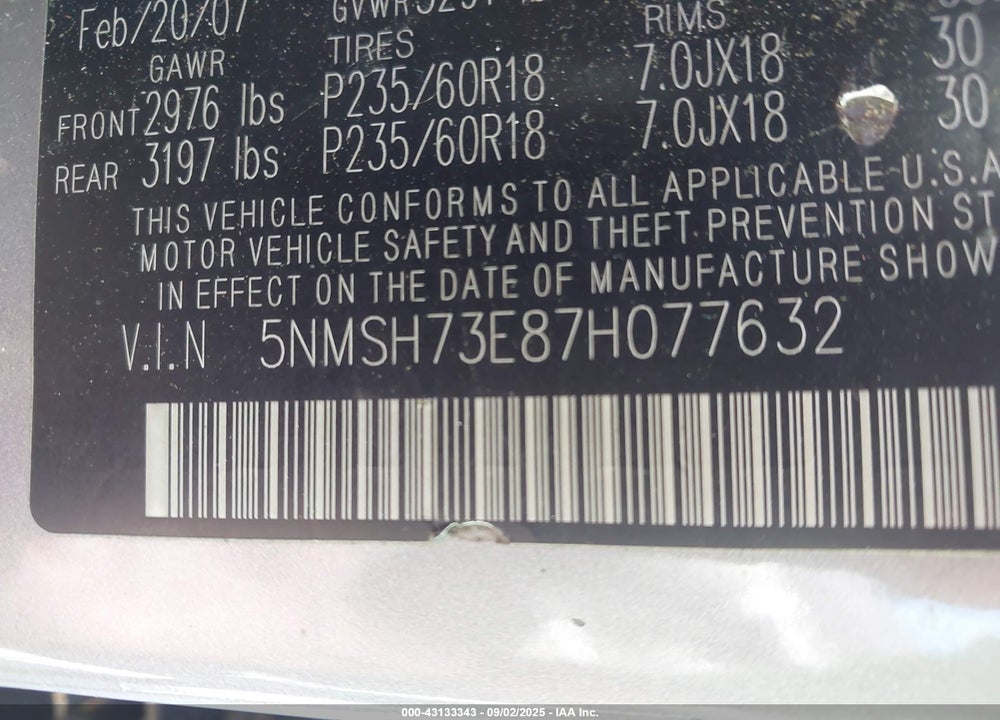 2007 HYUNDAI SANTA FE LIMITED/SE VIN: 5NMSH73E87H077632