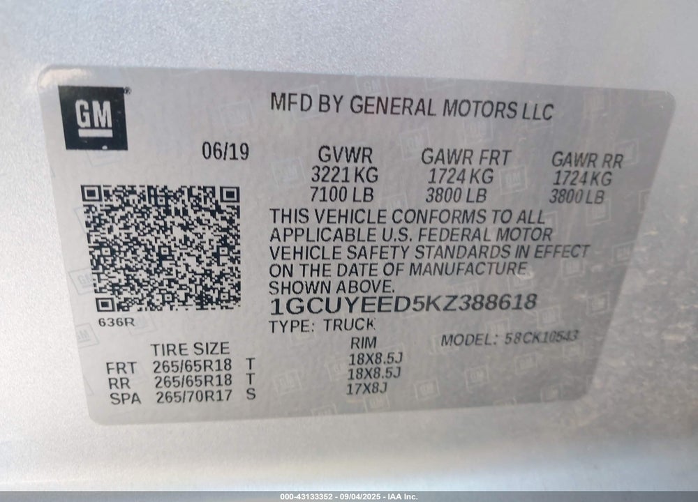 2019 CHEVROLET SILVERADO 1500 RST VIN: 1GCUYEED5KZ388618