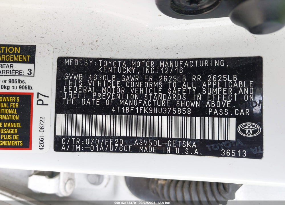 2017 TOYOTA CAMRY VIN: 4T1BF1FK9HU375858