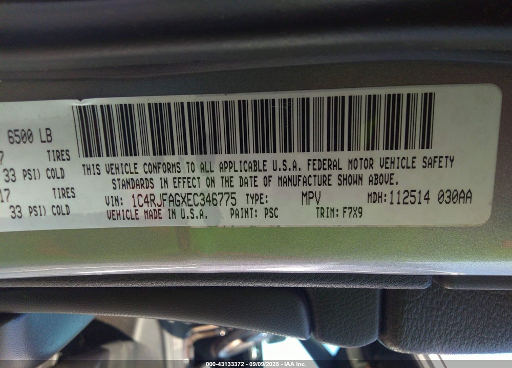 2014 JEEP GRAND CHEROKEE VIN: 1C4RJFAGXEC346775
