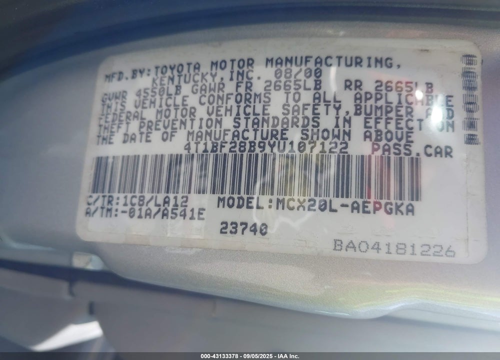 2000 TOYOTA AVALON XLS VIN: 4T1BF28B9YU107122