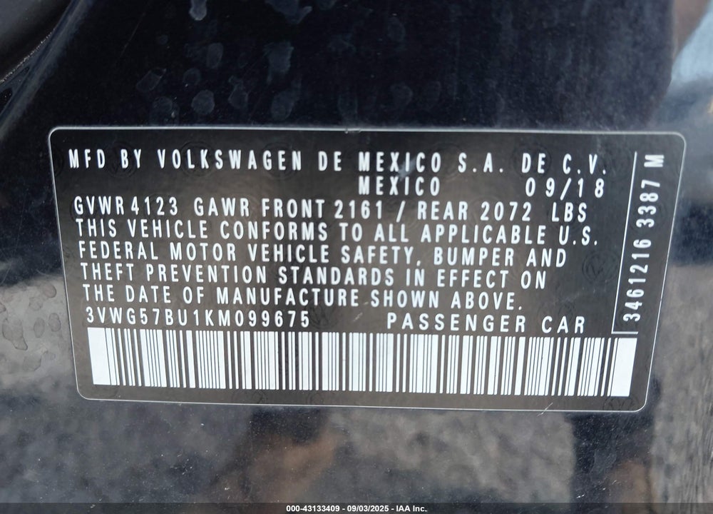2019 VOLKSWAGEN JETTA VIN: 3VWG57BU1KM099675