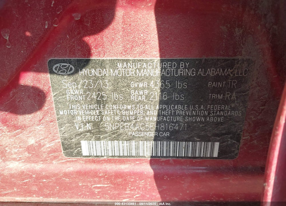 2014 HYUNDAI SONATA VIN: 5NPEB4AC5EH816471