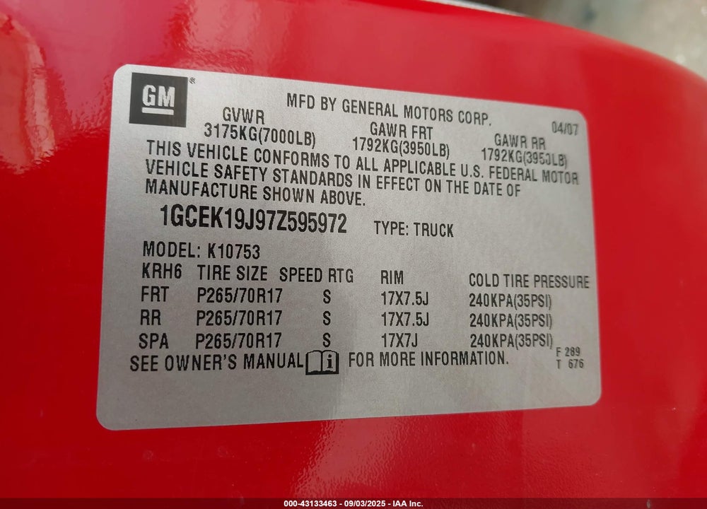 2007 CHEVROLET SILVERADO 1500 WORK TRUCK VIN: 1GCEK19J97Z595972