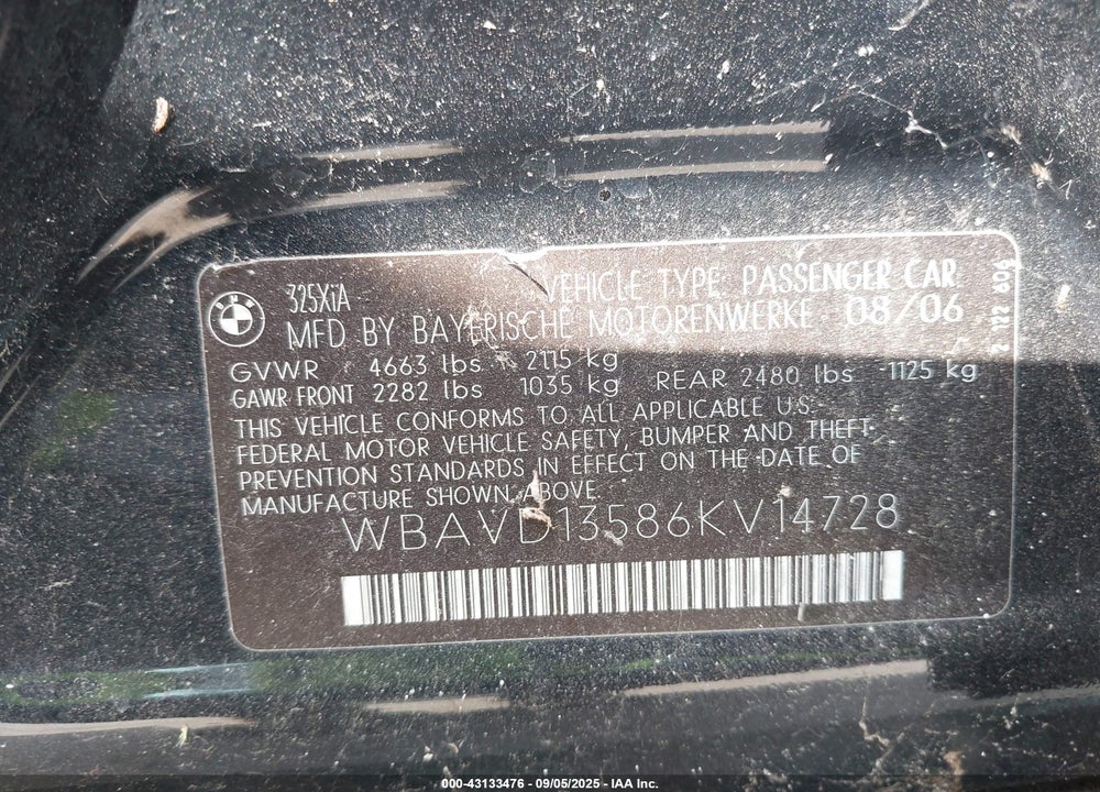 2006 BMW 325XI VIN: WBAVD13586KV14728