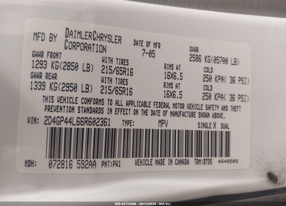 2006 DODGE GRAND CARAVAN SXT VIN: 2D4GP44L66R602361