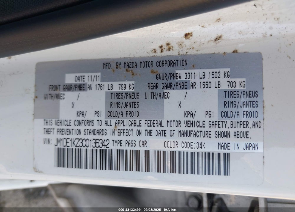 2012 MAZDA 2 VIN: JM1DE1KZ3C0136342
