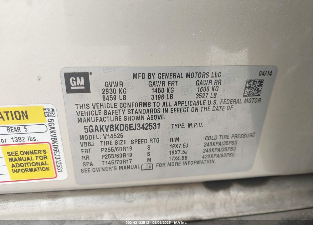 2014 BUICK ENCLAVE VIN: 5GAKVBKD6EJ342531