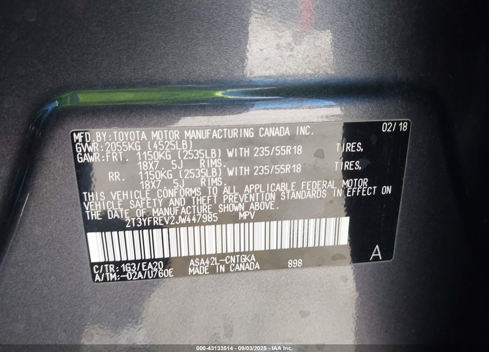 2018 TOYOTA RAV4 VIN: 2T3YFREV2JW447985
