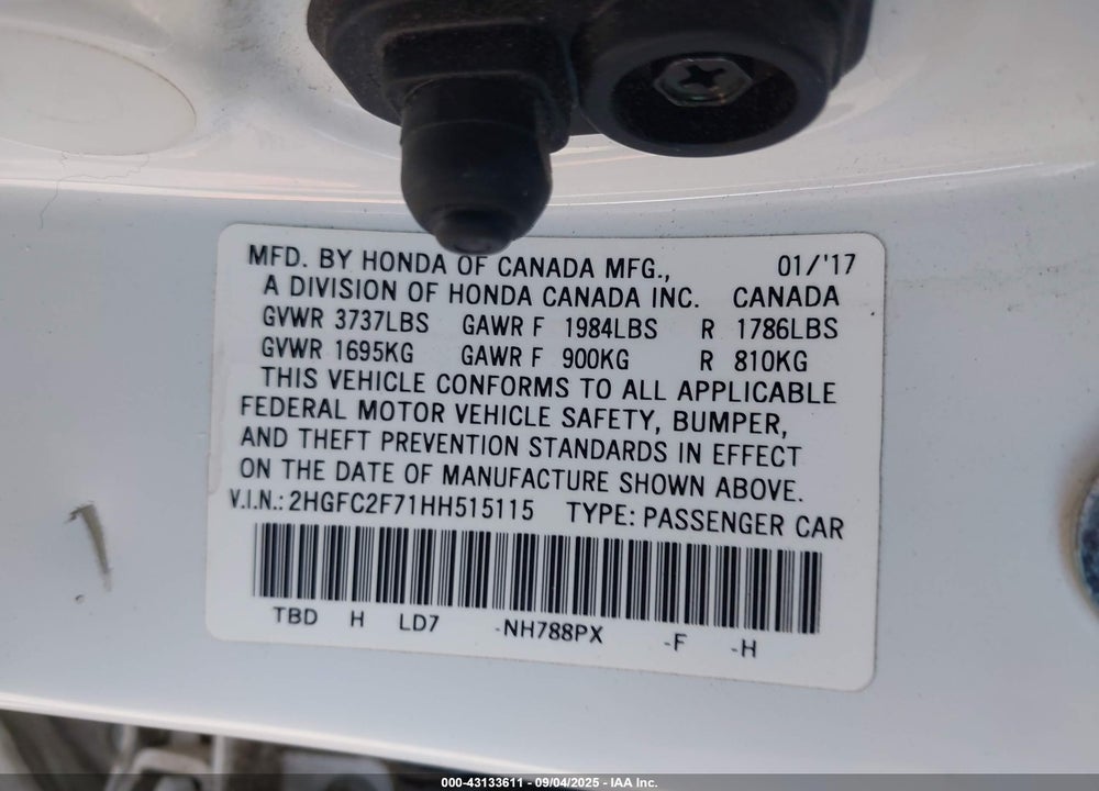 2017 HONDA CIVIC VIN: 2HGFC2F71HH515115