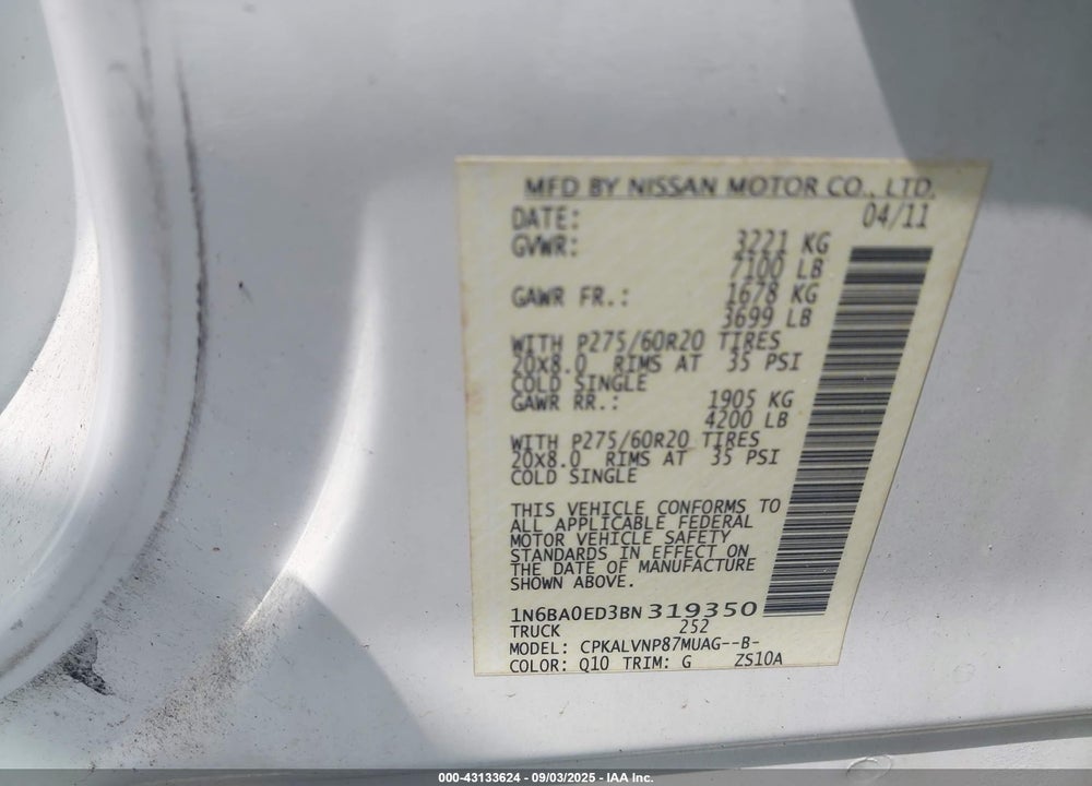 2011 NISSAN TITAN SL VIN: 1N6BA0ED3BN319350