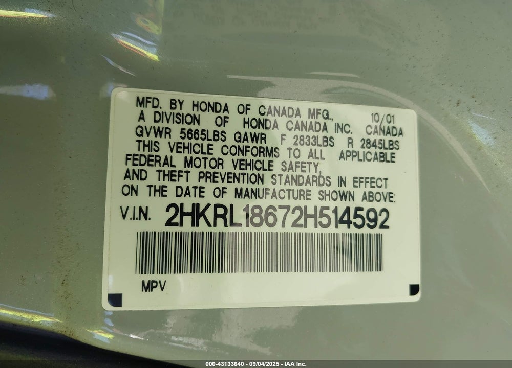 2002 HONDA ODYSSEY EX VIN: 2HKRL18672H514592