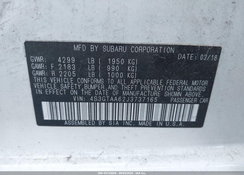 2018 SUBARU IMPREZA VIN: 4S3GTAA62J3737165