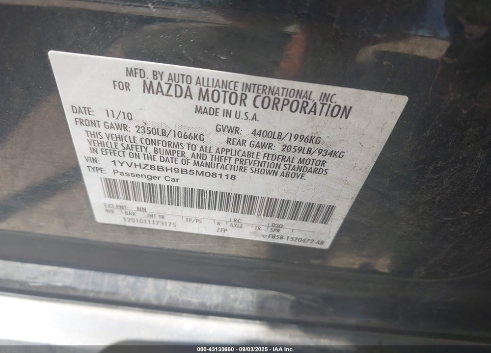 2011 MAZDA 6 VIN: 1YVHZ8BH9B5M08118