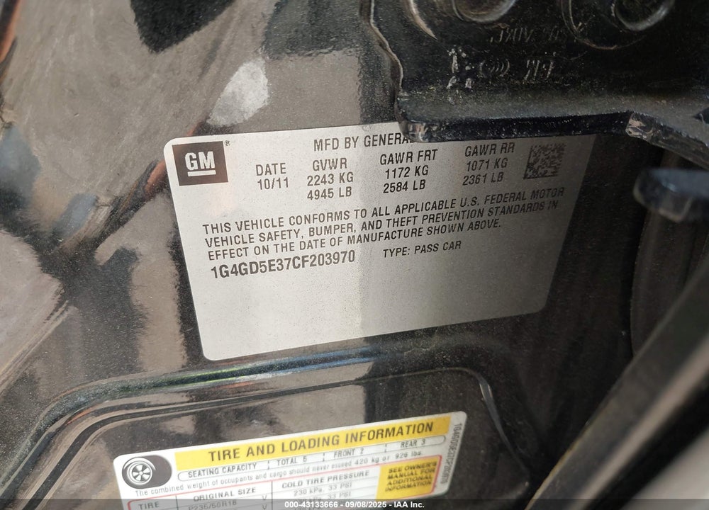 2012 BUICK LACROSSE VIN: 1G4GD5E37CF203970