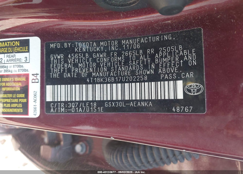 2007 TOYOTA AVALON VIN: 4T1BK36B17U202258