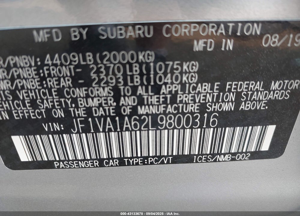 2020 SUBARU WRX VIN: JF1VA1A62L9800316