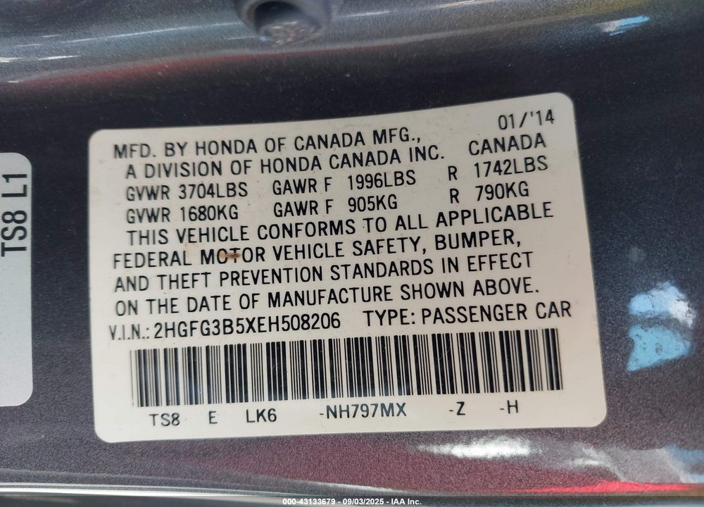 2014 HONDA CIVIC LX VIN: 2HGFG3B5XEH508206