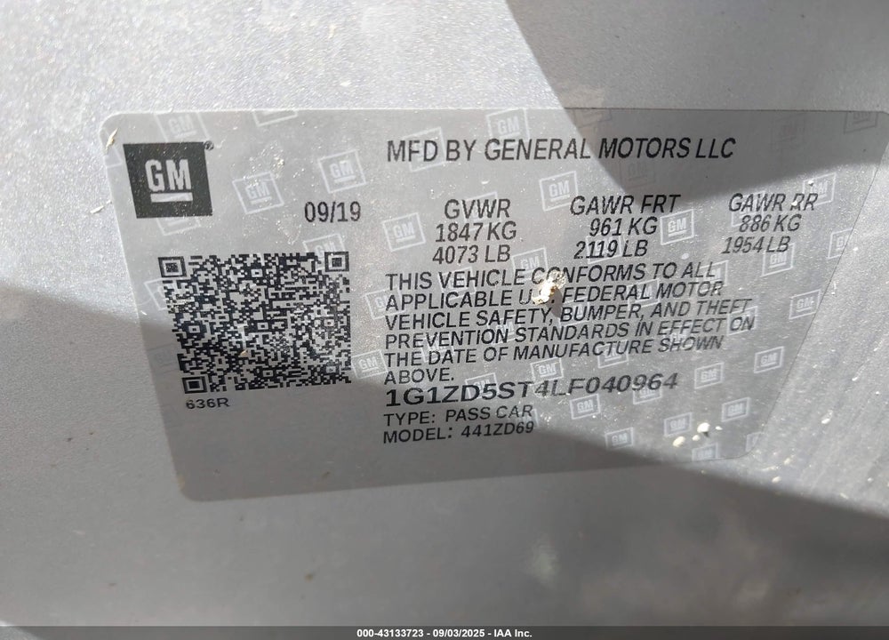 2020 CHEVROLET MALIBU VIN: 1G1ZD5ST4LF040964