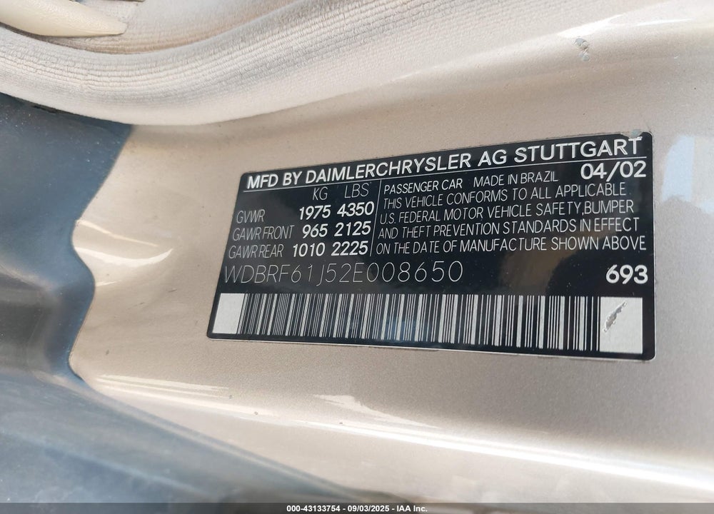 2002 MERCEDES-BENZ C 240 VIN: WDBRF61J52E008650