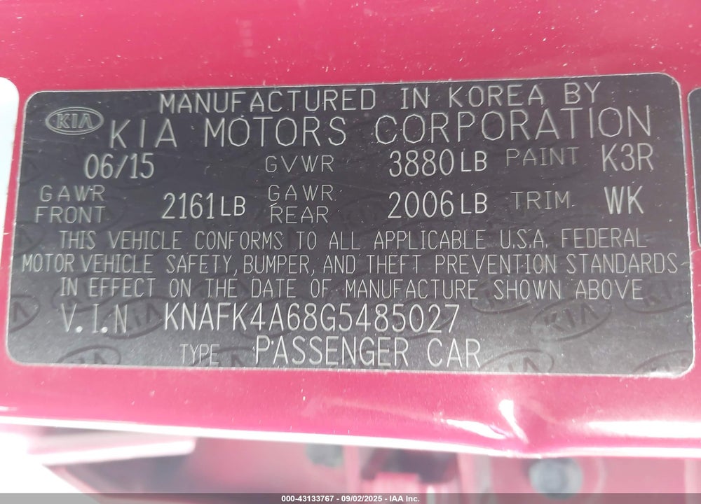 2016 KIA FORTE VIN: KNAFK4A68G5485027