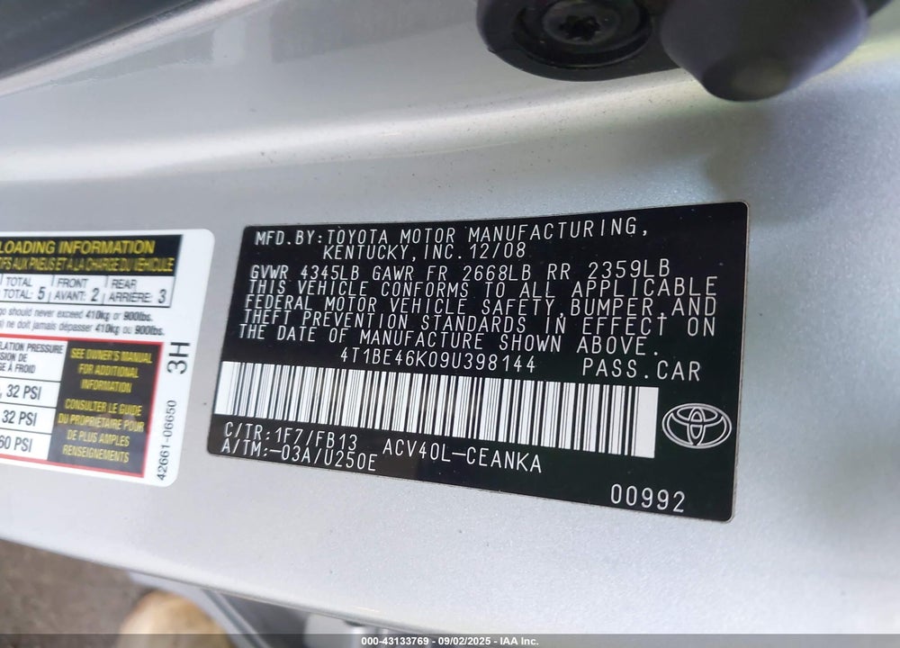 2009 TOYOTA CAMRY VIN: 4T1BE46K09U398144