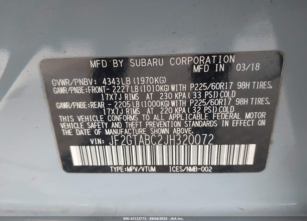 2018 SUBARU CROSSTREK VIN: JF2GTABC2JH320072