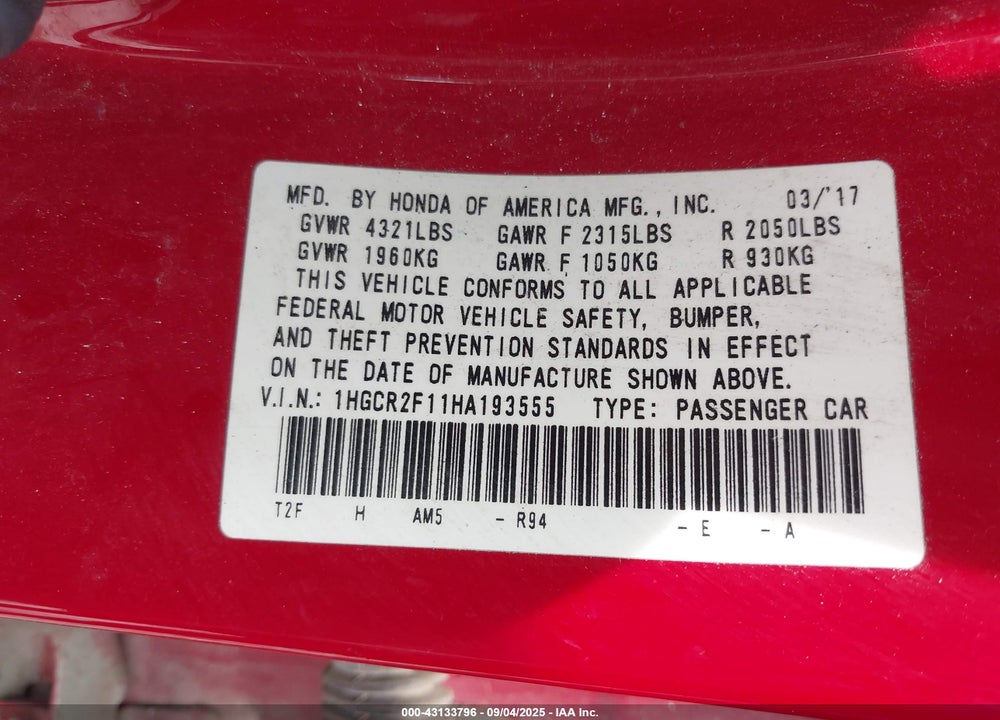 2017 HONDA ACCORD VIN: 1HGCR2F11HA193555
