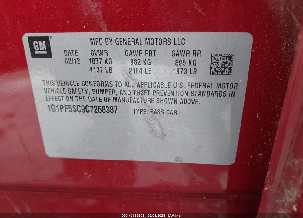 2012 CHEVROLET CRUZE VIN: 1G1PF5SC9C7268387