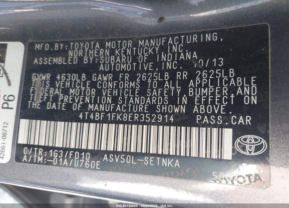 2014 TOYOTA CAMRY VIN: 4T4BF1FK8ER352914