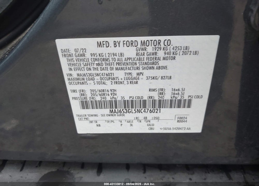 2022 FORD ECOSPORT VIN: MAJ6S3GL5NC476021