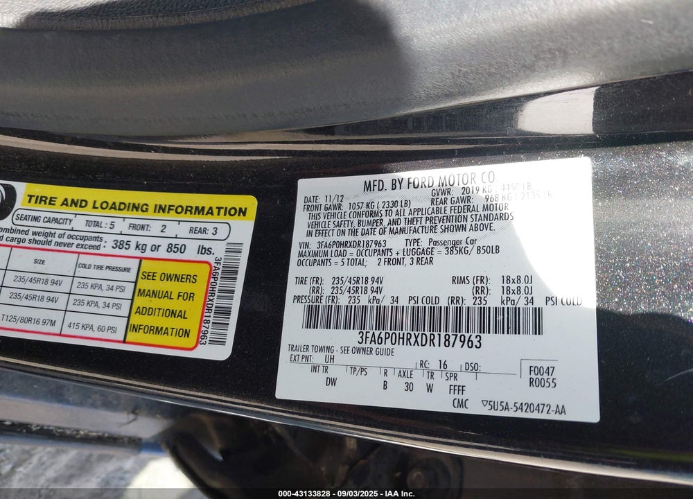 2013 FORD FUSION VIN: 3FA6P0HRXDR187963
