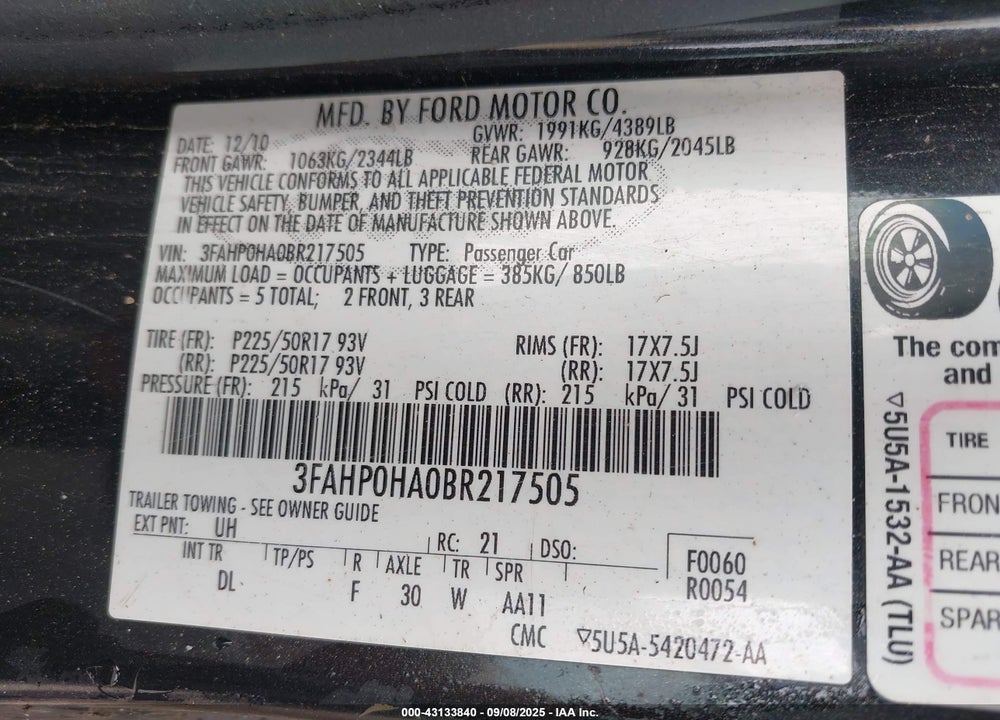 2011 FORD FUSION VIN: 3FAHP0HA0BR217505