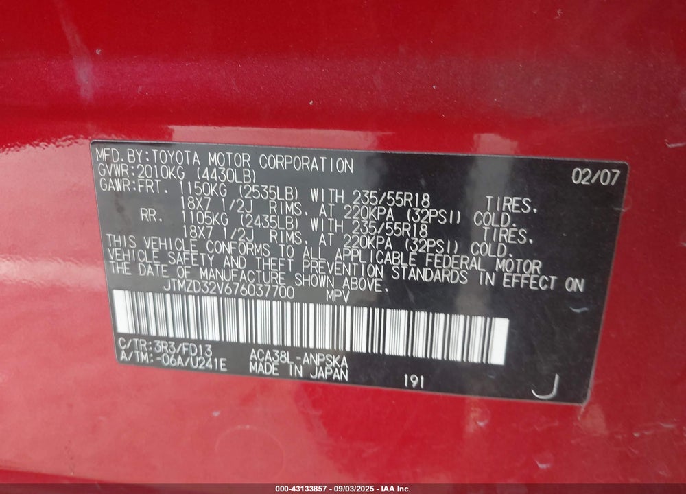2007 TOYOTA RAV4 SPORT VIN: JTMZD32V676037700