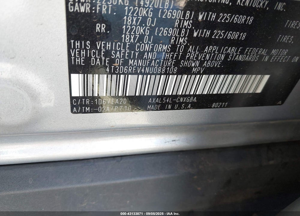 2022 TOYOTA RAV4 HYBRID VIN: 4T3D6RFV4NU088108