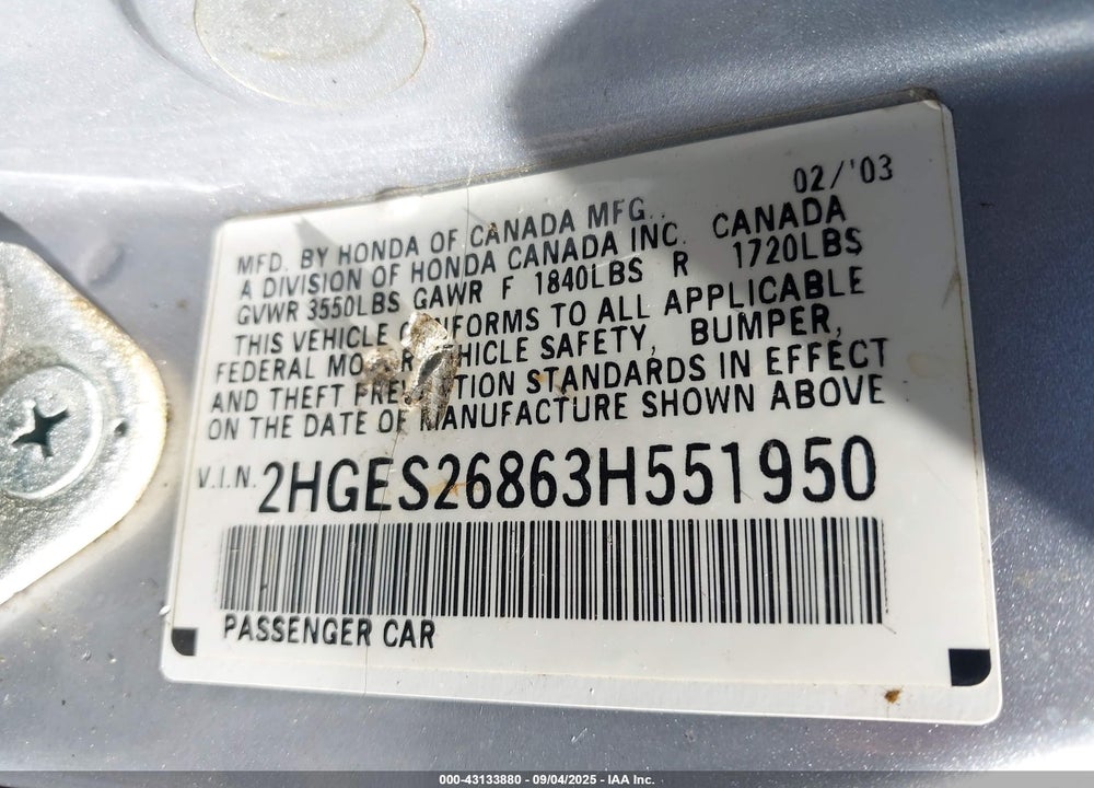 2003 HONDA CIVIC EX VIN: 2HGES26863H551950