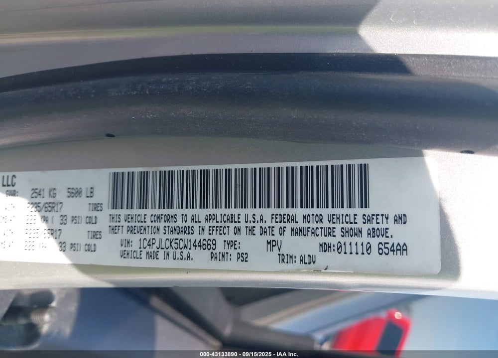 2012 JEEP LIBERTY VIN: 1C4PJLCK5CW144669