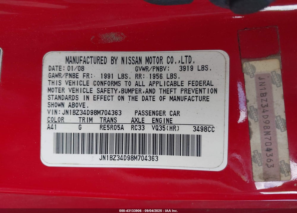 2008 NISSAN 350Z ENTHUSIAST VIN: JN1BZ34D98M704363