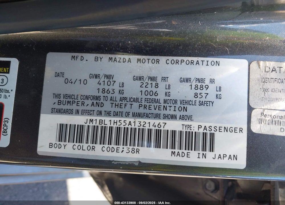 2010 MAZDA MAZDA3 VIN: JM1BL1H55A1321467