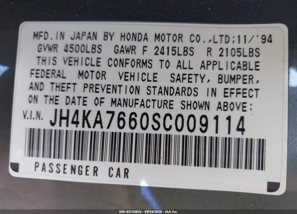 1995 ACURA LEGEND L VIN: JH4KA7660SC009114