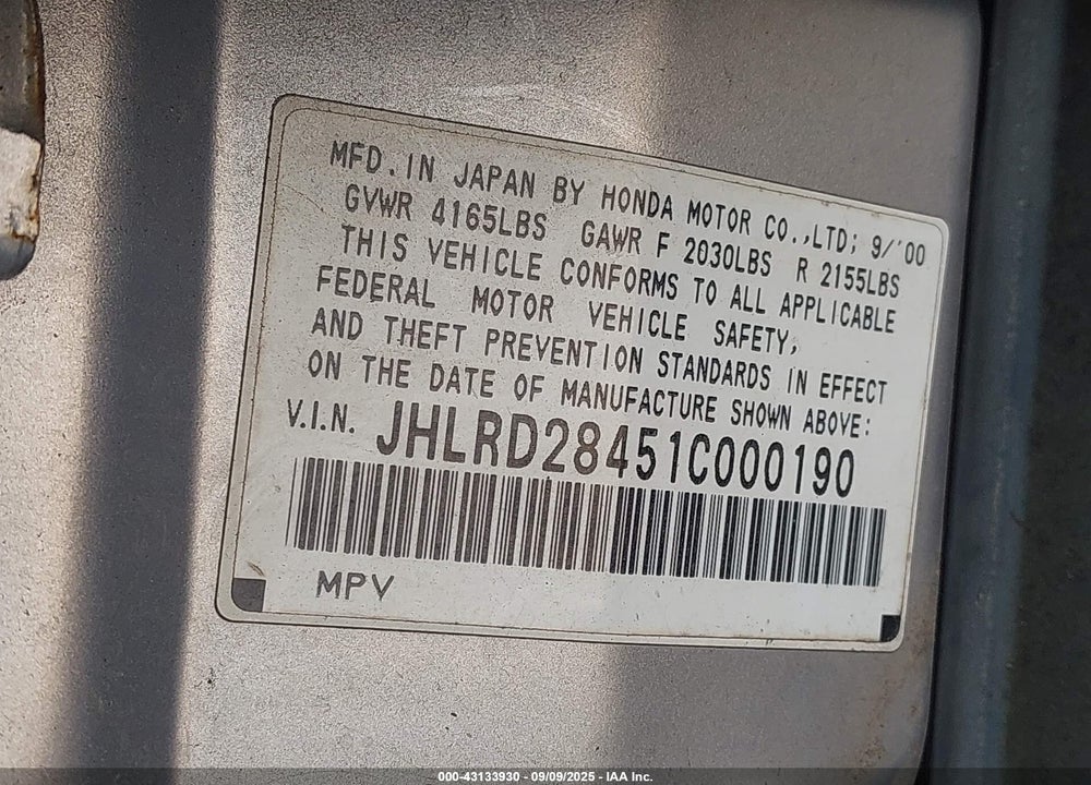 2001 HONDA CR-V LX VIN: JHLRD28451C000190