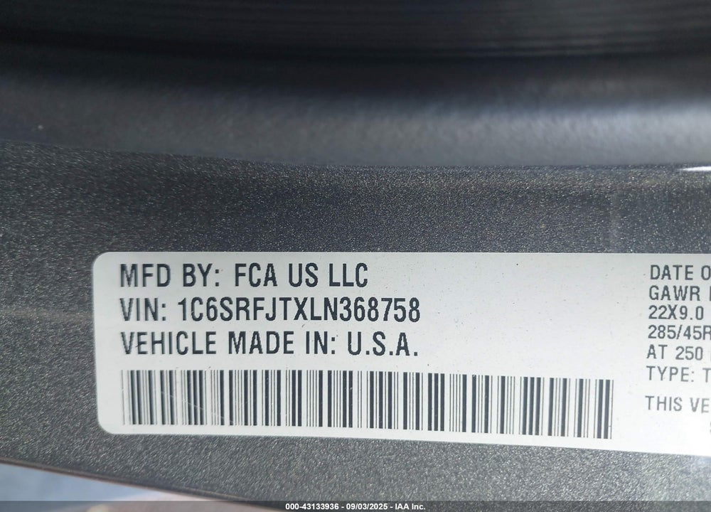 2020 RAM 1500 VIN: 1C6SRFJTXLN368758