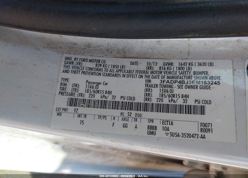2014 FORD FIESTA VIN: 3FADP4BJ3EM163245