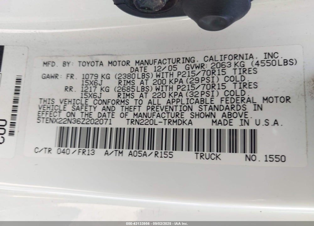 2006 TOYOTA TACOMA VIN: 5TENX22N36Z202071